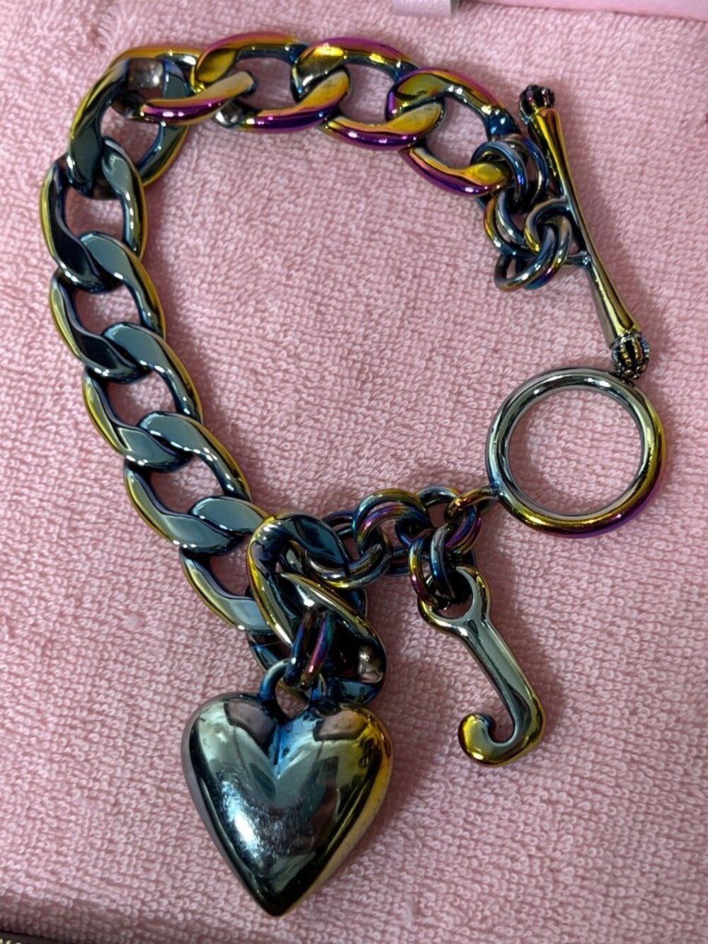 JUICY COUTURE VINTAGE Y2K Iridescent Rainbow Heart Charm Starter Bracelet EUC - Picture 4 of 6
